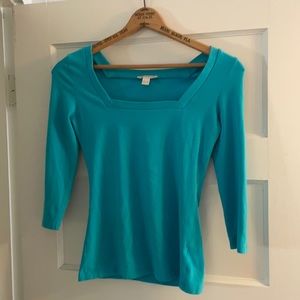 3/4 sleeve, Boston Proper, turquoise square neck cotton blend shirt, XS